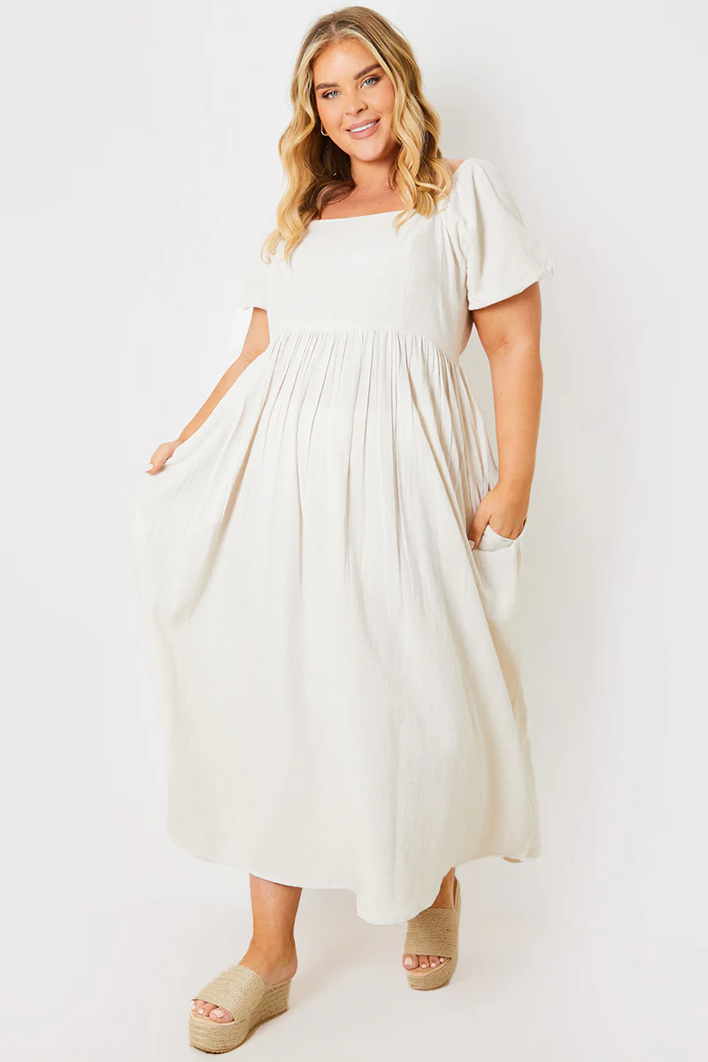 Linen Blend Puff Sleeve Square Neck Midaxi Dress - Image 4