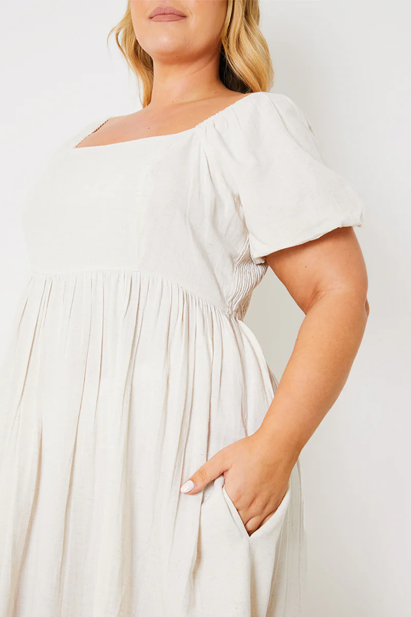 Linen Blend Puff Sleeve Square Neck Midaxi Dress - Image 5
