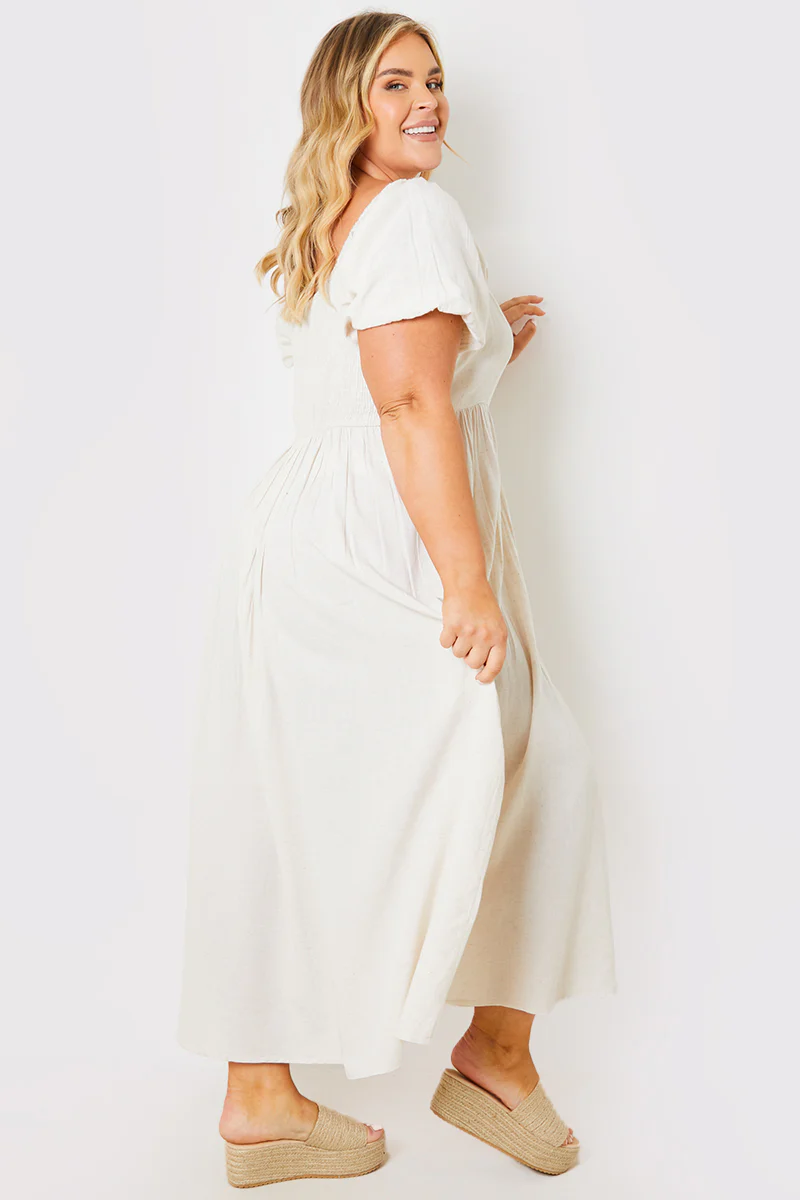 Linen Blend Puff Sleeve Square Neck Midaxi Dress - Image 6