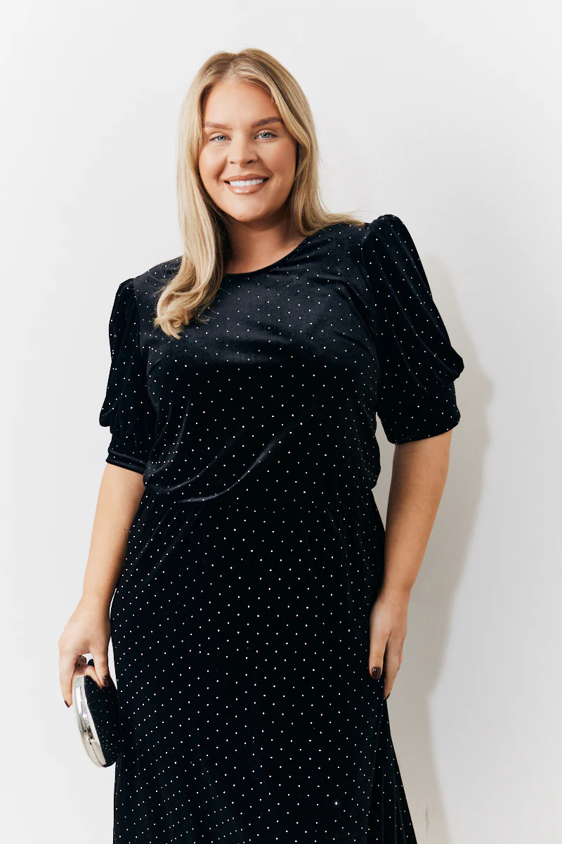 Black Puff Sleeve Studded Velour Midi Dress - Image 2