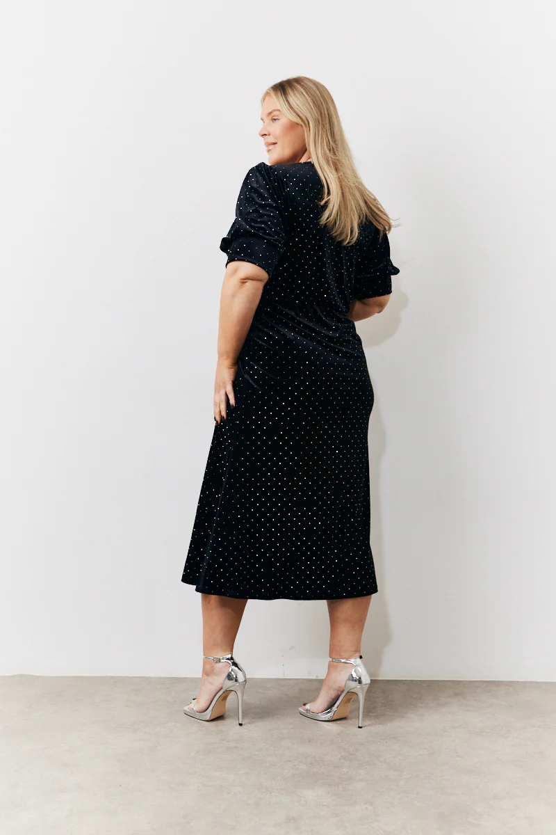 Black Puff Sleeve Studded Velour Midi Dress - Image 3