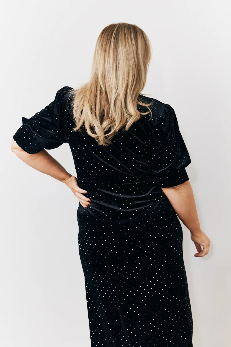 Black Puff Sleeve Studded Velour Midi Dress - Image 4