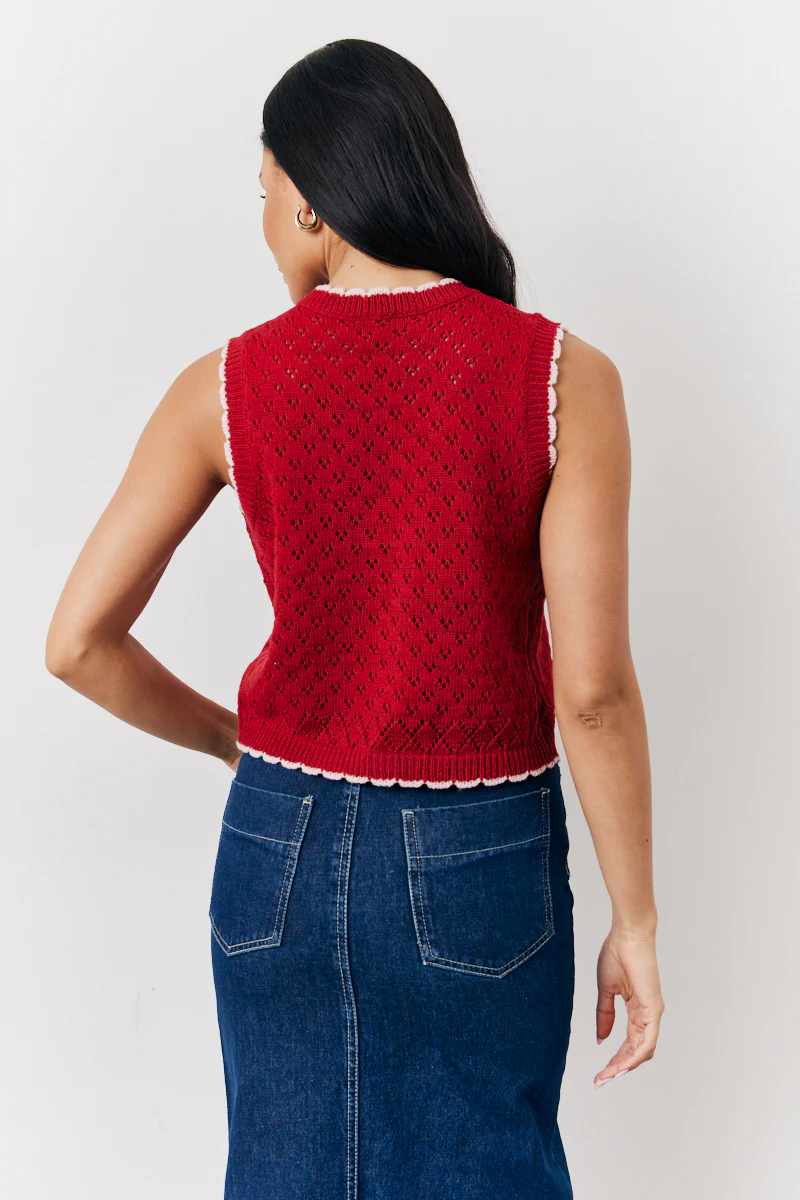Red Contrast Edge Tie Front Knitted Waistcoat - Image 3