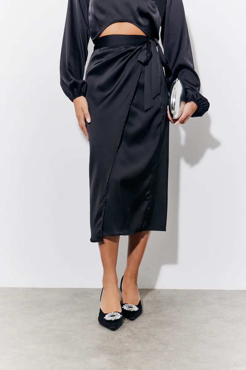 Black Satin Wrap Midi Skirt - Image 2