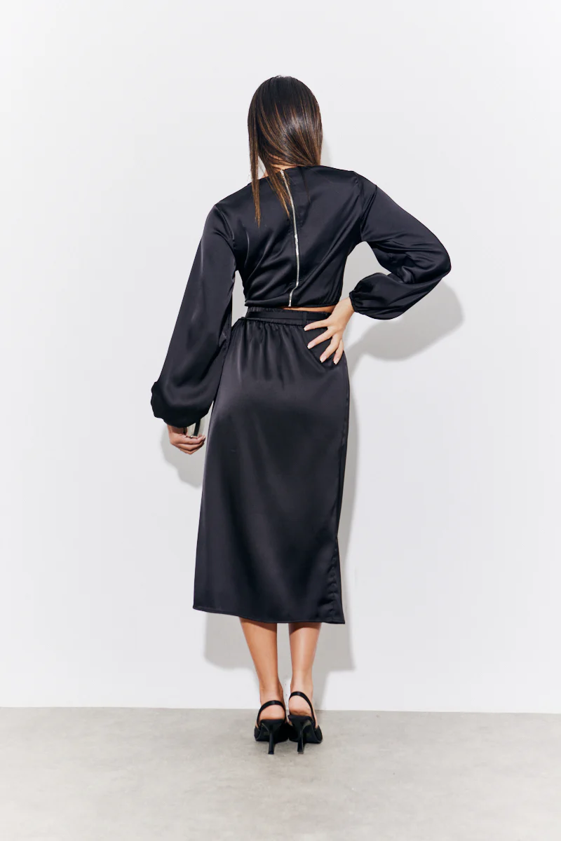 Black Satin Wrap Midi Skirt - Image 3