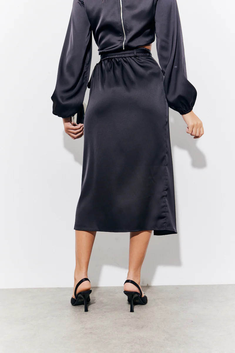 Black Satin Wrap Midi Skirt - Image 4