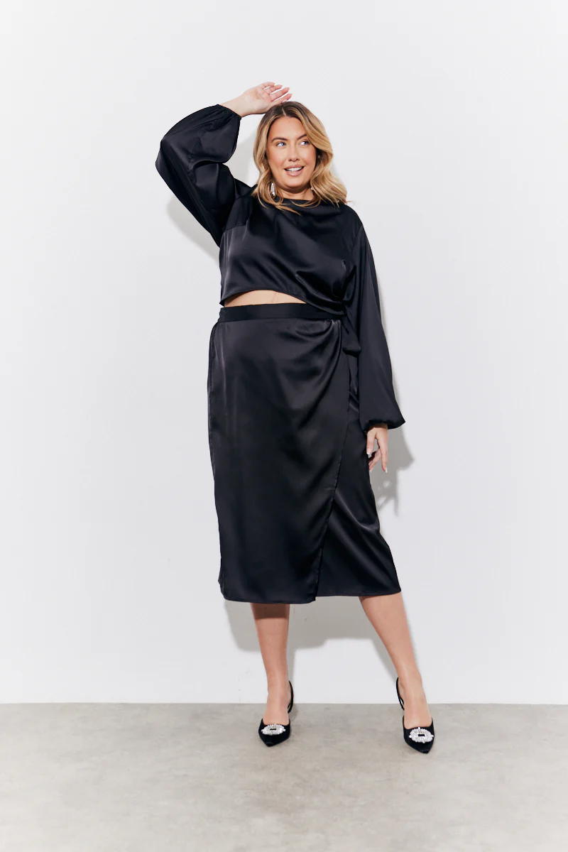 Black Satin Wrap Midi Skirt - Image 5