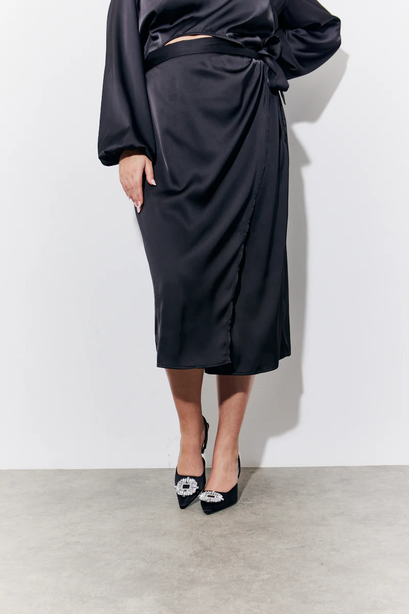 Black Satin Wrap Midi Skirt - Image 6