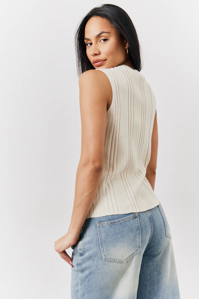 Ecru Ribbed Button Up Knitted Waistcoat - Image 4