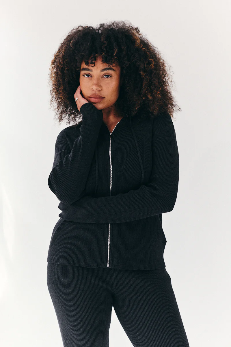 Rib Knit Zip Up Co-Ord Hoodie - Image 3