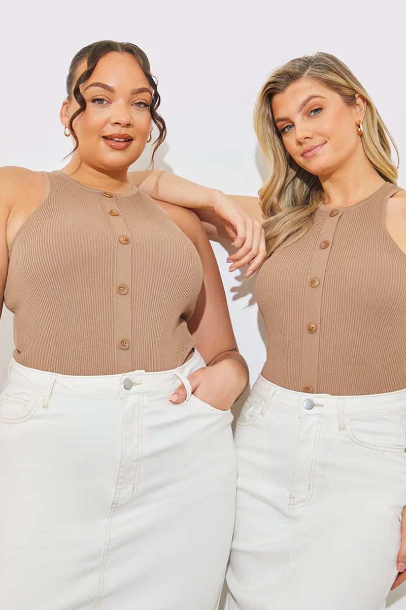 Rib Knit Button Detail Racer Neck Bodysuit