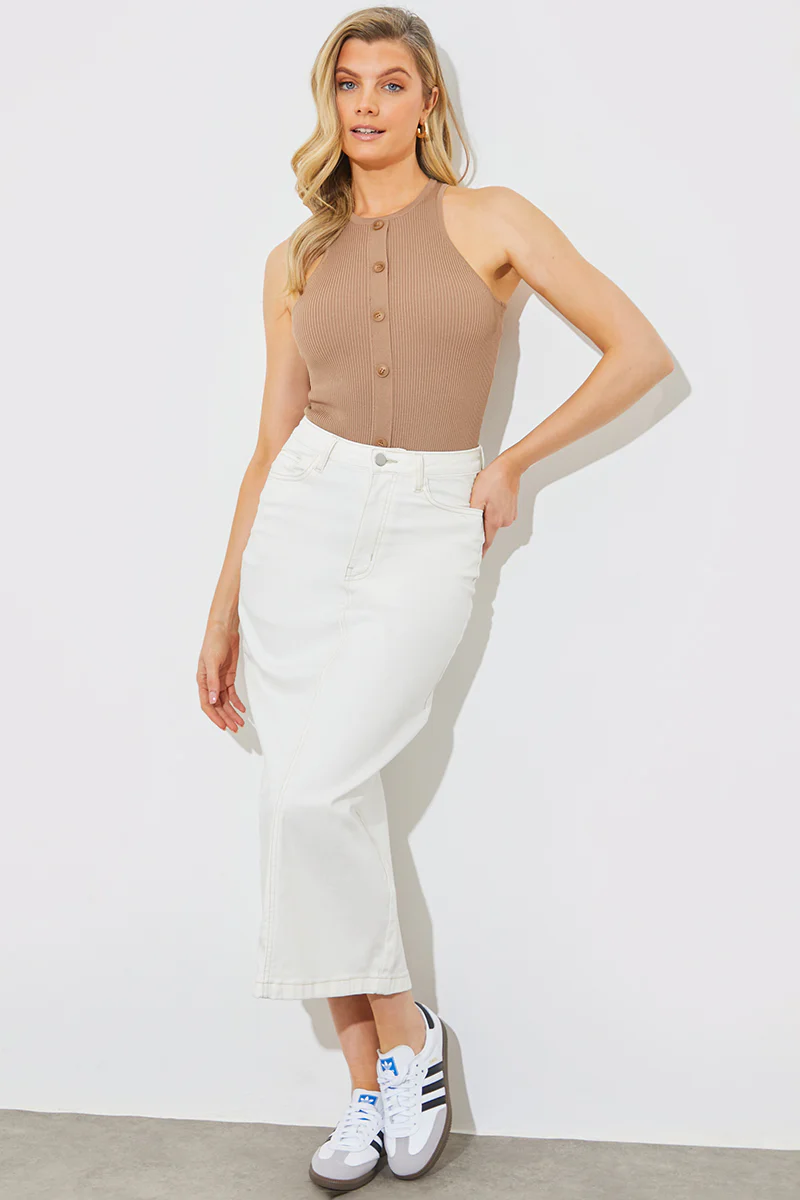 Rib Knit Button Detail Racer Neck Bodysuit - Image 2