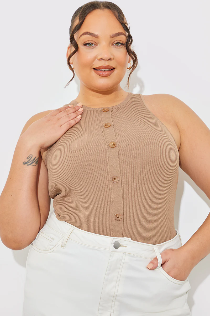 Rib Knit Button Detail Racer Neck Bodysuit - Image 6