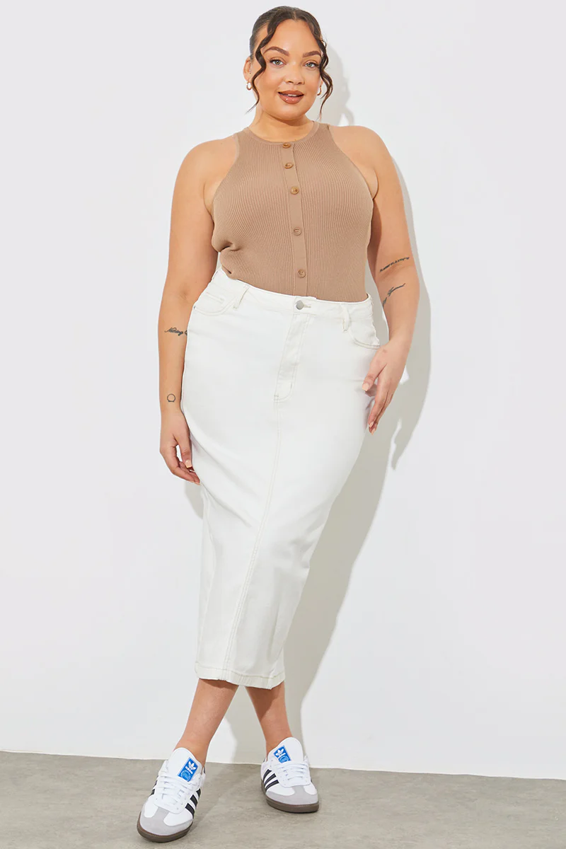 Rib Knit Button Detail Racer Neck Bodysuit - Image 7