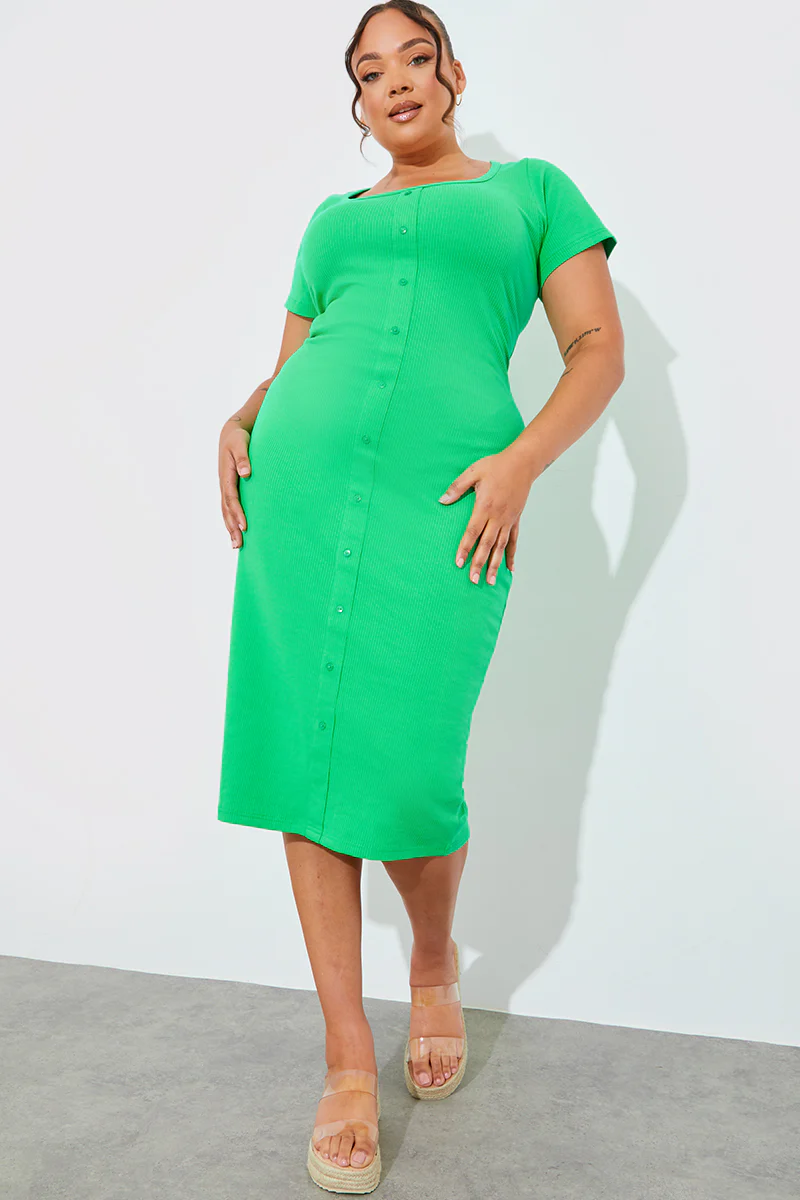 Ribbed Button Through Short Sleeve Midaxi Dress - Image 5