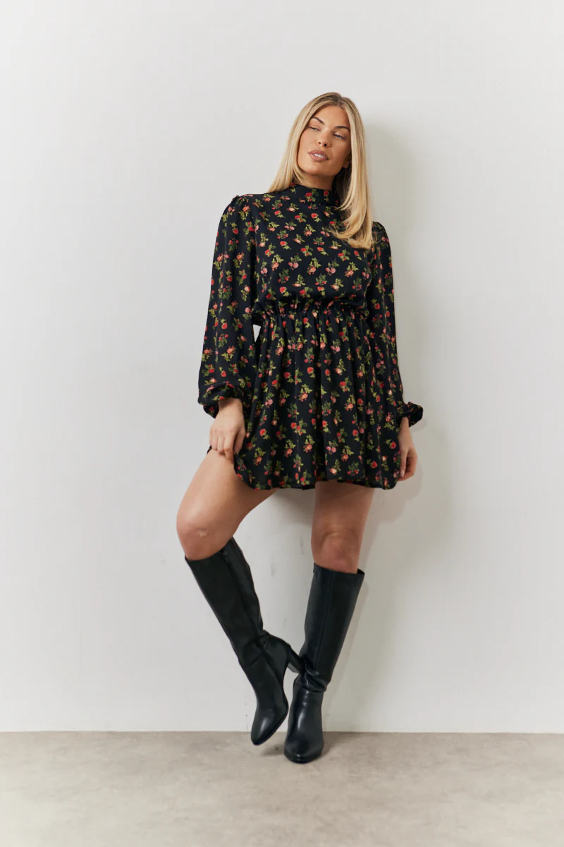 Black Rose Print High Neck Mini Dress - Image 2