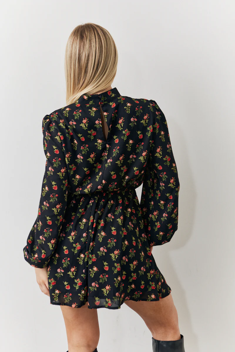 Black Rose Print High Neck Mini Dress - Image 3