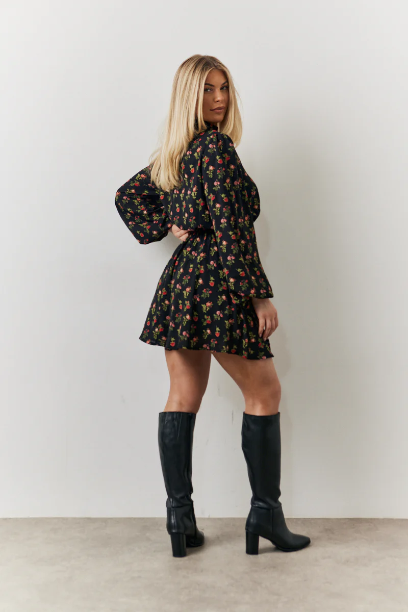 Black Rose Print High Neck Mini Dress - Image 4