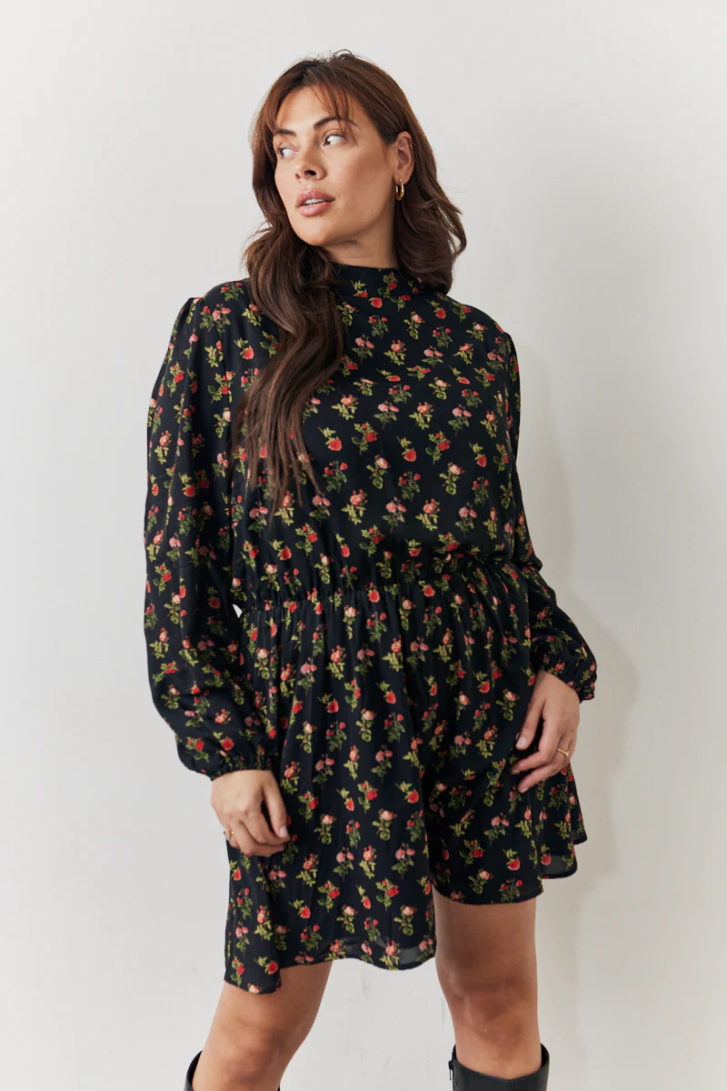 Black Rose Print High Neck Mini Dress - Image 5