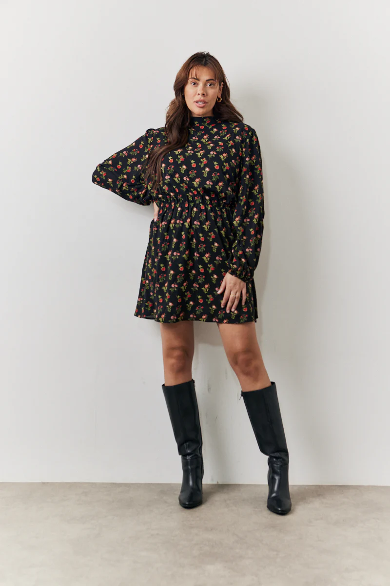 Black Rose Print High Neck Mini Dress - Image 6