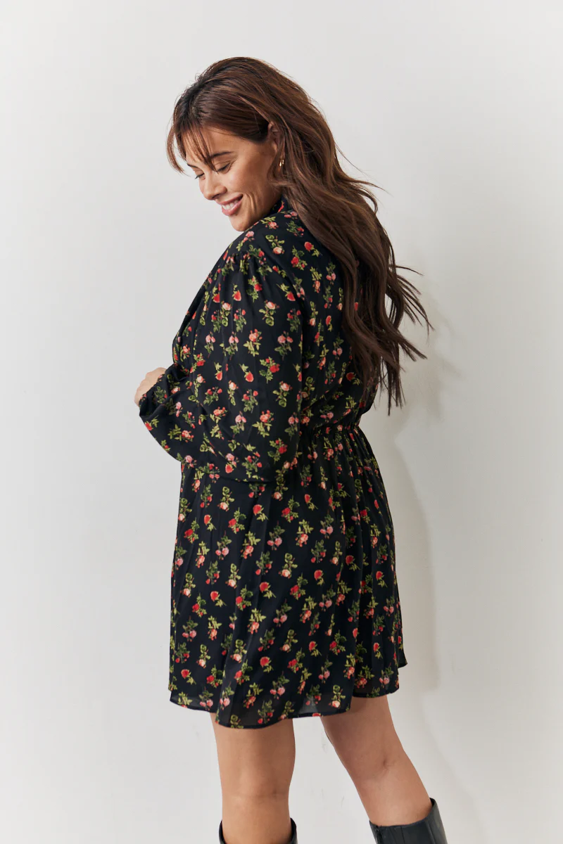 Black Rose Print High Neck Mini Dress - Image 7