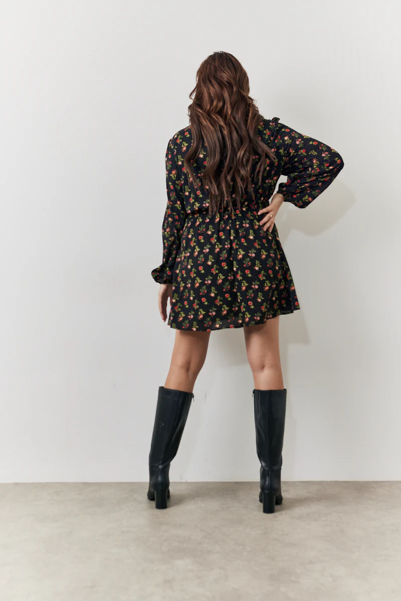 Black Rose Print High Neck Mini Dress - Image 8