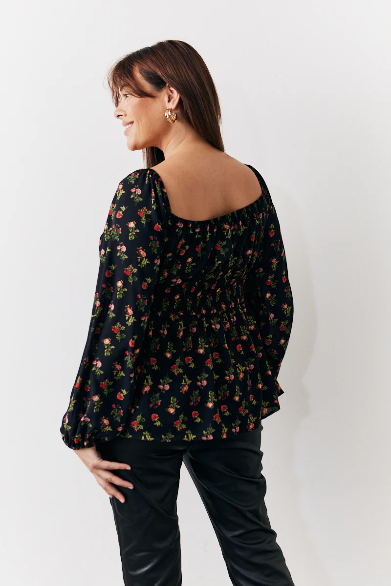 Black Rose Print Smock Top - Image 3