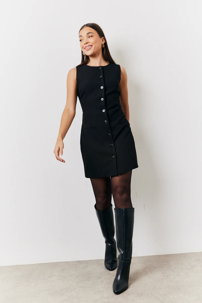 Black Tailored Button Through Mini Dress - Image 2