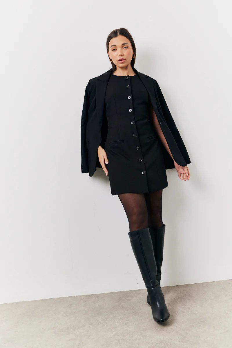 Black Tailored Button Through Mini Dress - Image 3