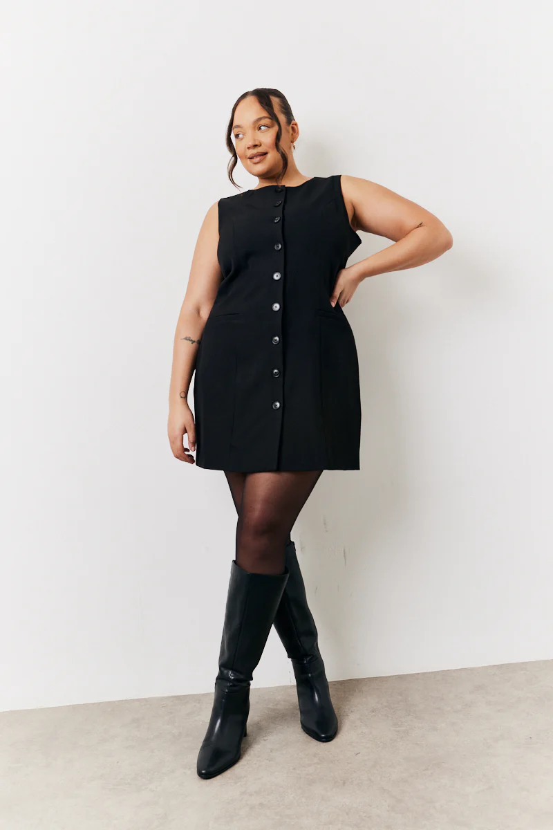 Black Tailored Button Through Mini Dress - Image 6