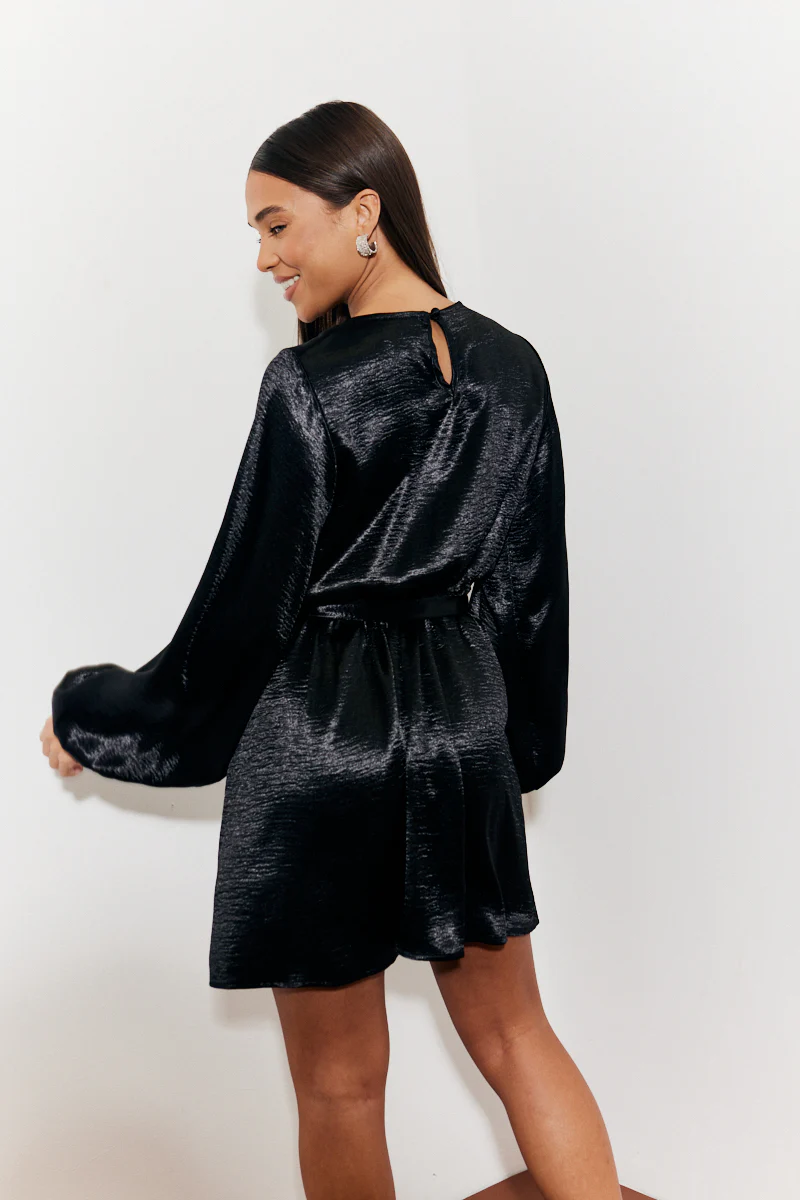 Satin Balloon Sleeve Belted Mini Dress - Image 3
