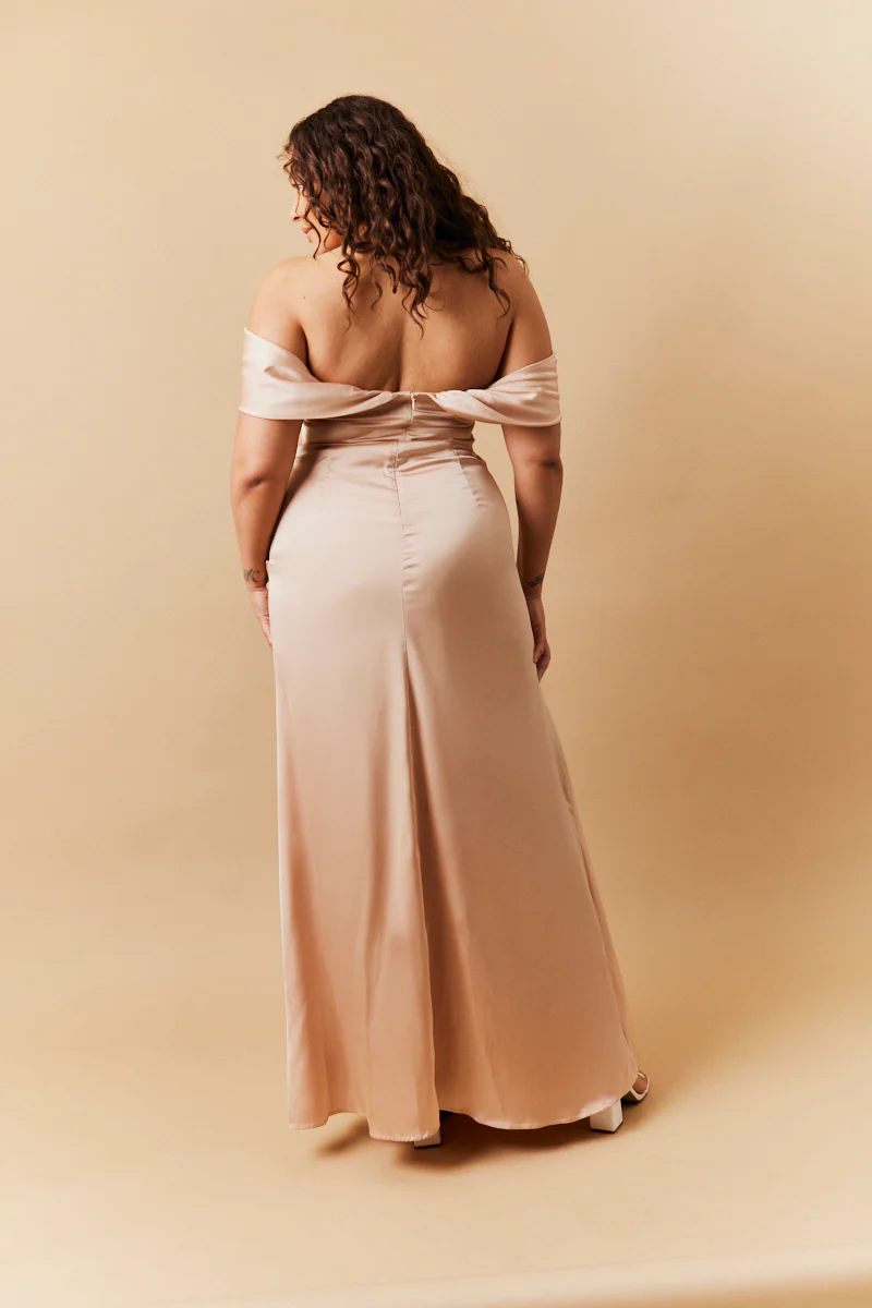 Light Gold Satin Bardot Ruched Maxi Dress - Image 3