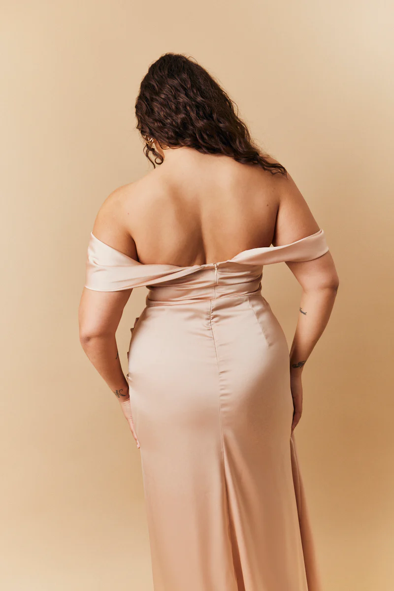 Light Gold Satin Bardot Ruched Maxi Dress - Image 5