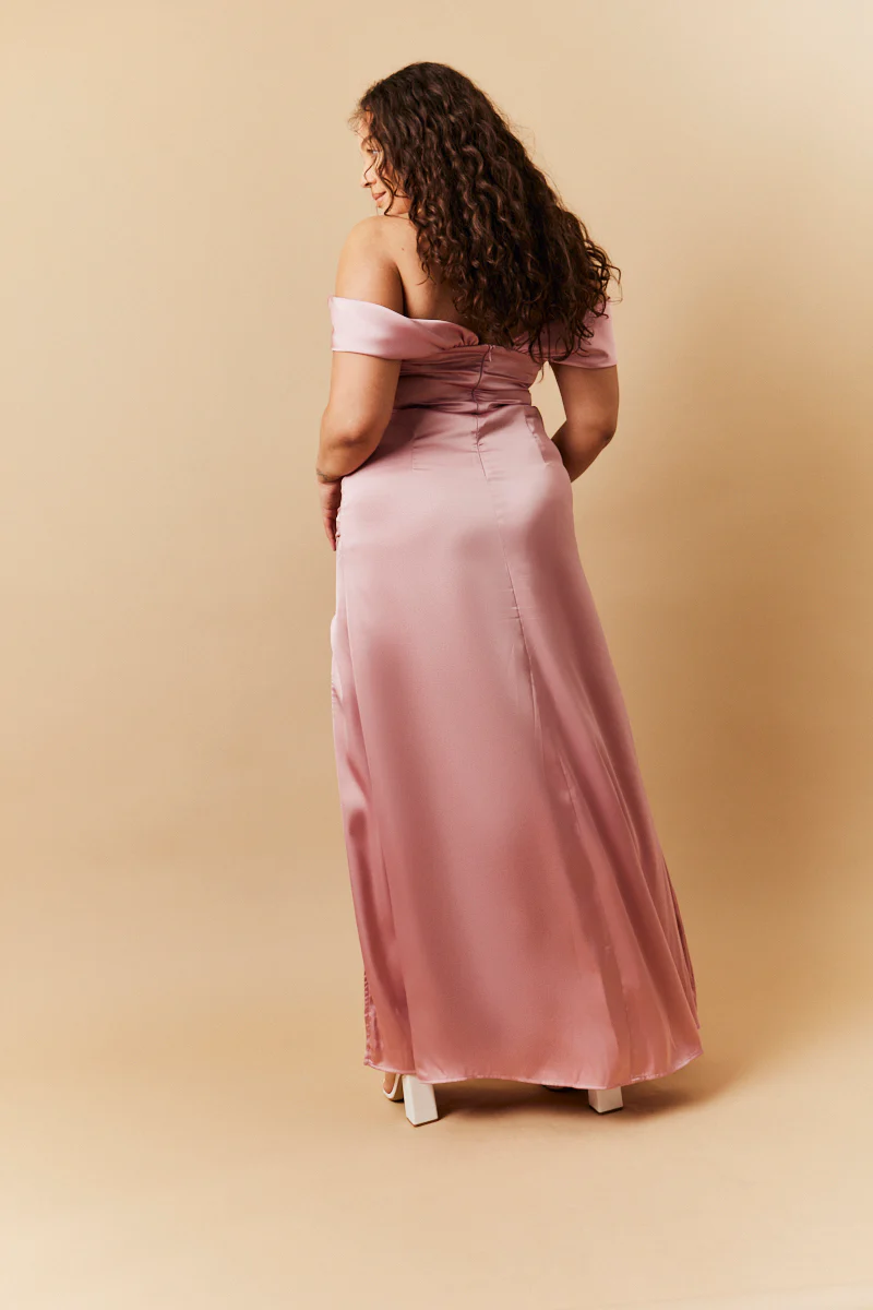Rose Pink Satin Bardot Ruched Maxi Dress - Image 3