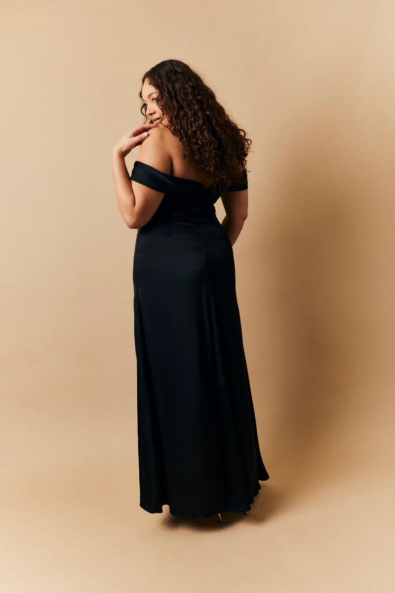 Black Satin Bardot Ruched Maxi Dress - Image 3