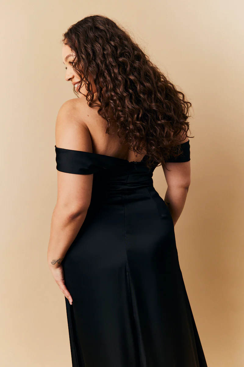 Black Satin Bardot Ruched Maxi Dress - Image 4
