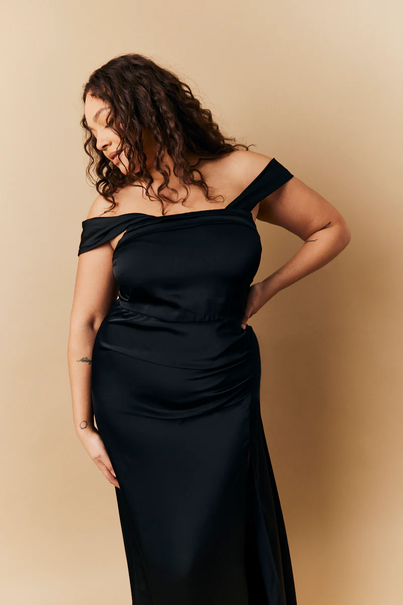 Black Satin Bardot Ruched Maxi Dress - Image 5