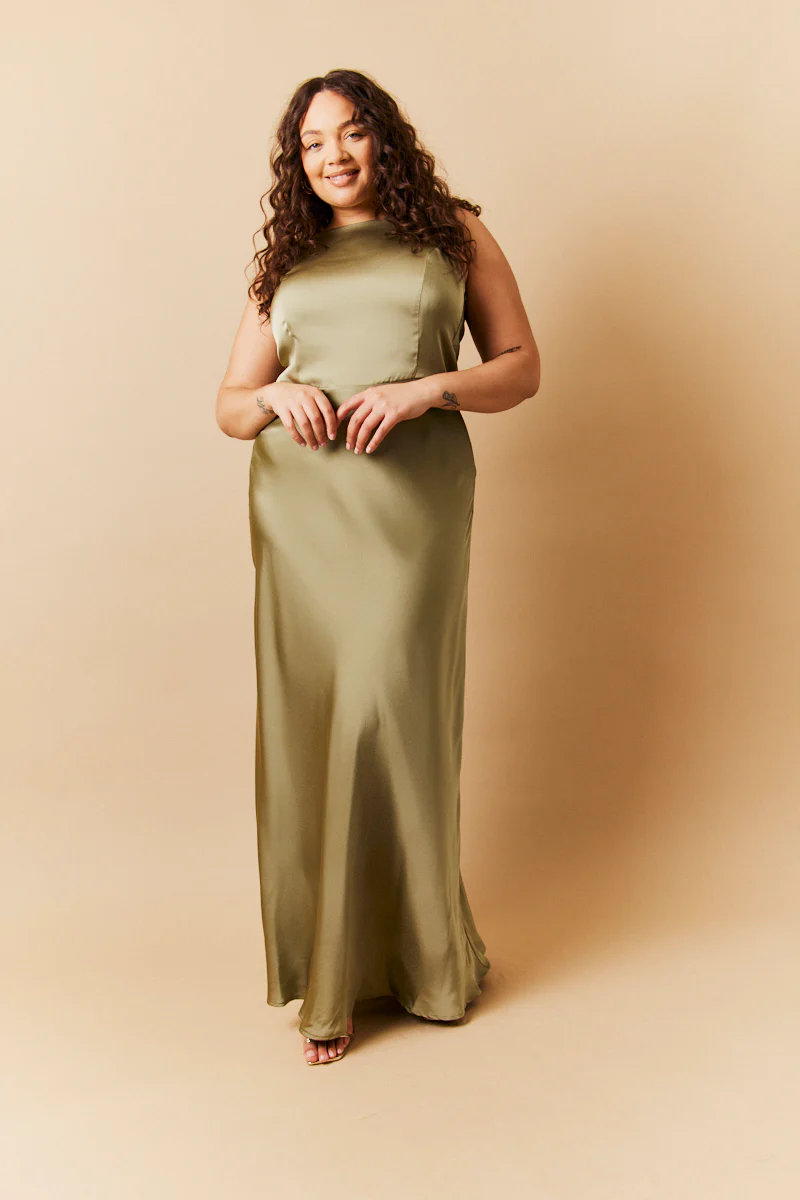 Olive Satin Cowl Back Maxi Dress - Image 2