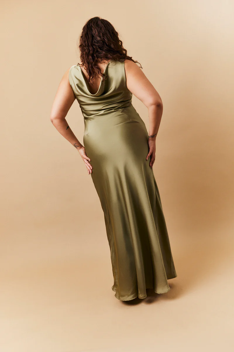 Olive Satin Cowl Back Maxi Dress - Image 3