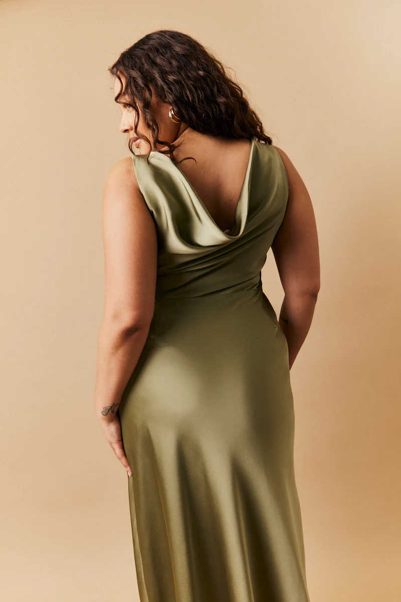 Olive Satin Cowl Back Maxi Dress - Image 5