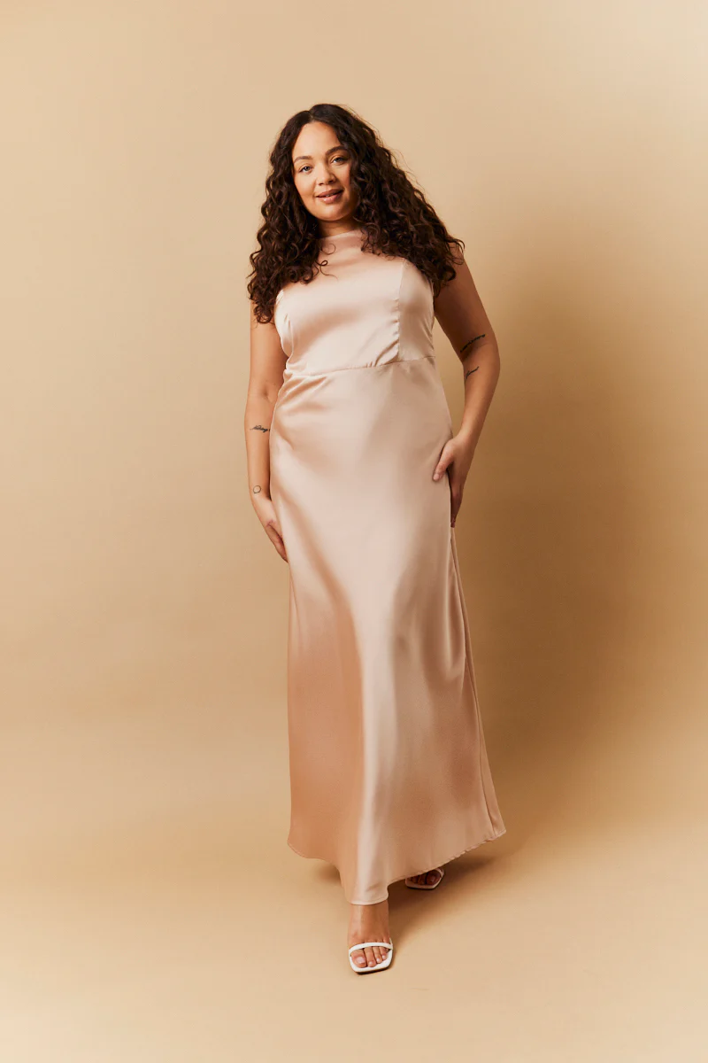 Light Gold Satin Cowl Back Maxi Dress - Image 2