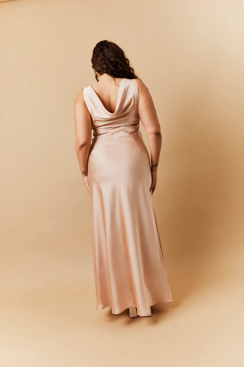 Light Gold Satin Cowl Back Maxi Dress - Image 3