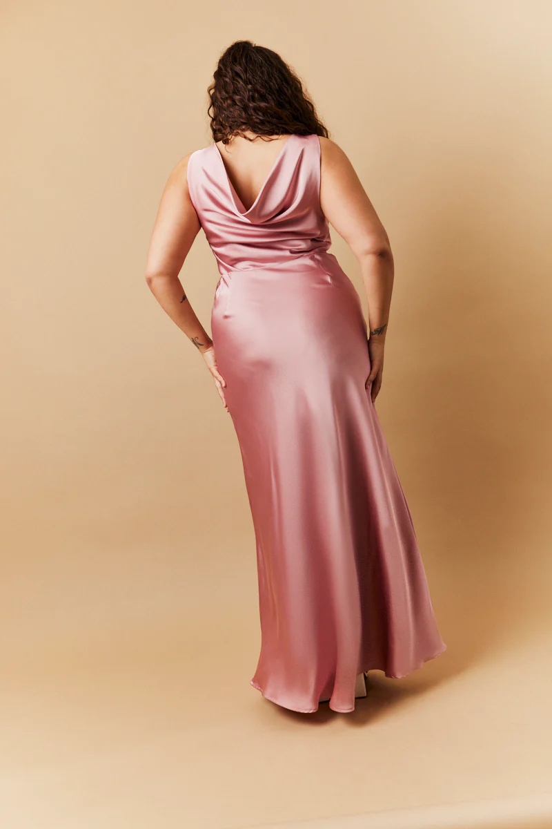 Rose Pink Satin Cowl Back Maxi Dress - Image 3