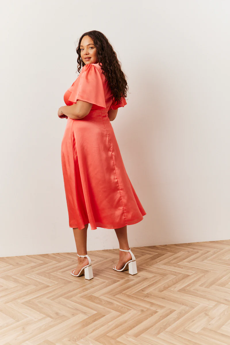 Coral Satin Flutter Sleeve Midaxi Slip Dress - Image 2