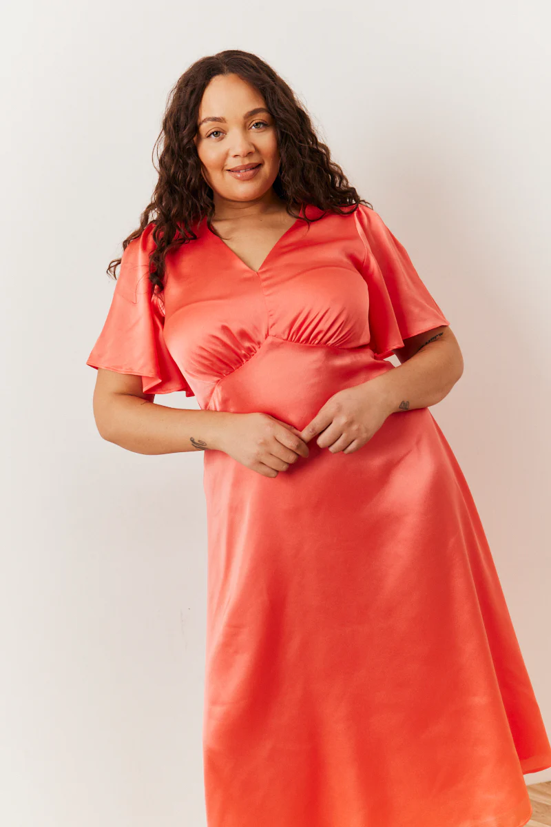Coral Satin Flutter Sleeve Midaxi Slip Dress - Image 3