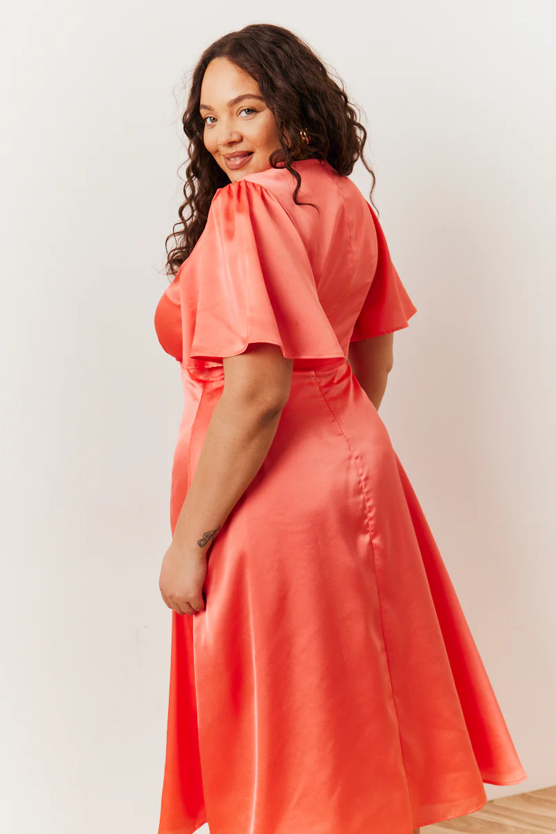 Coral Satin Flutter Sleeve Midaxi Slip Dress - Image 4