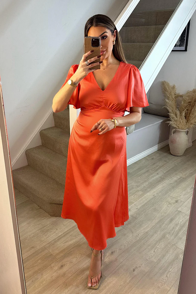 Coral Satin Flutter Sleeve Midaxi Slip Dress - Image 5