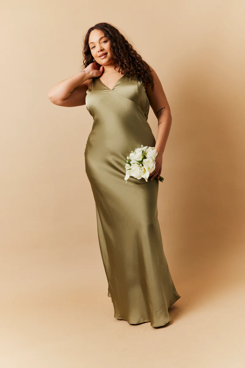 Olive Satin Twist Back Maxi Dress - Image 2