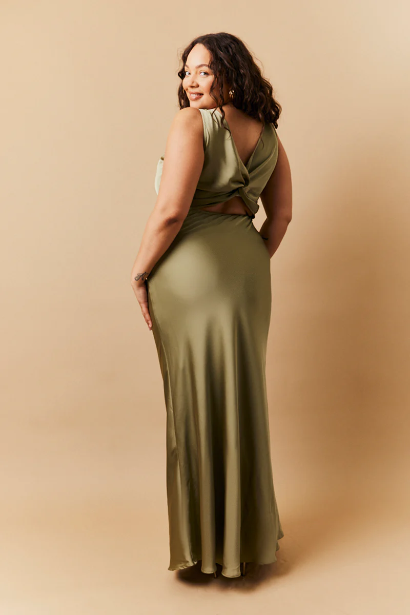 Olive Satin Twist Back Maxi Dress - Image 3