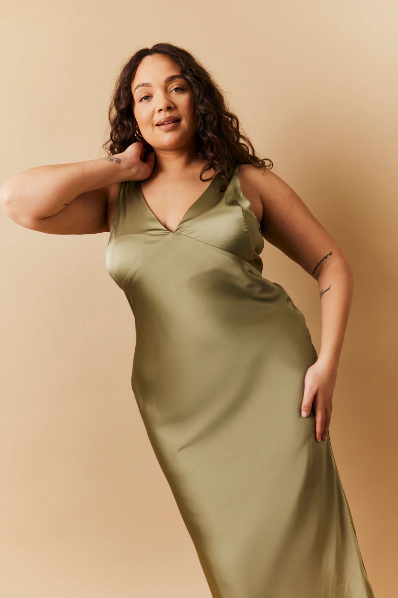 Olive Satin Twist Back Maxi Dress - Image 4